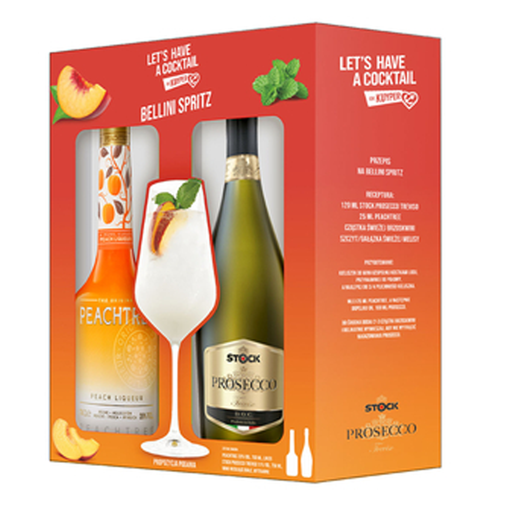 Wino Stock Prosecco 11% białe wytrawne 750 ml i De Kuyper Peachtree 20% 700 ml zestaw